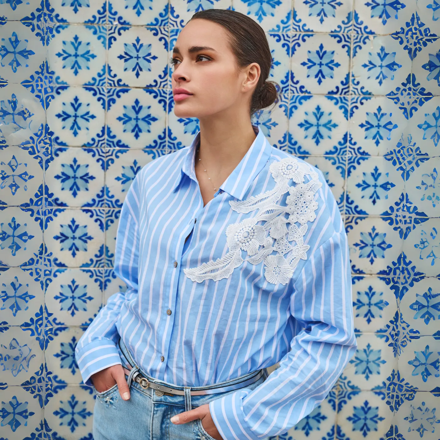 Esqualo Striped Shirt With Lace Patch Detail