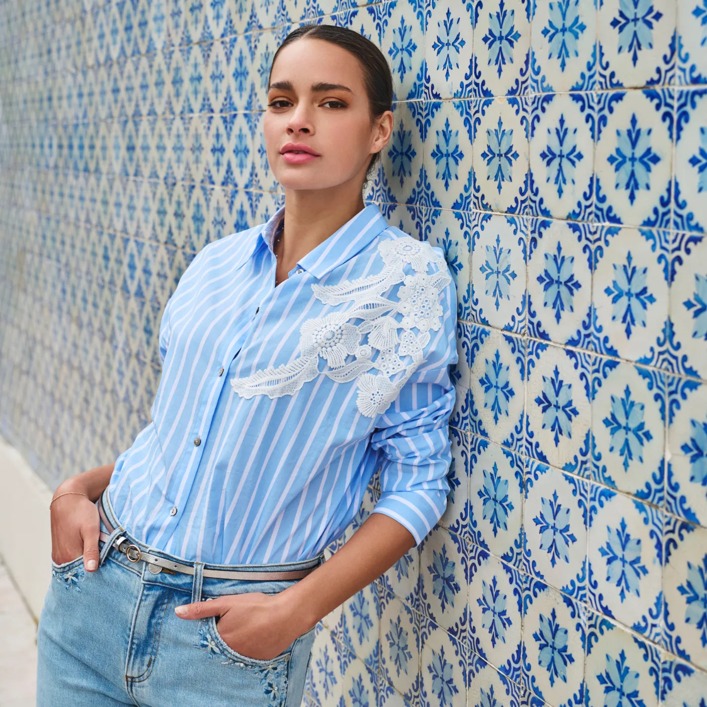 Esqualo Striped Shirt With Lace Patch Detail