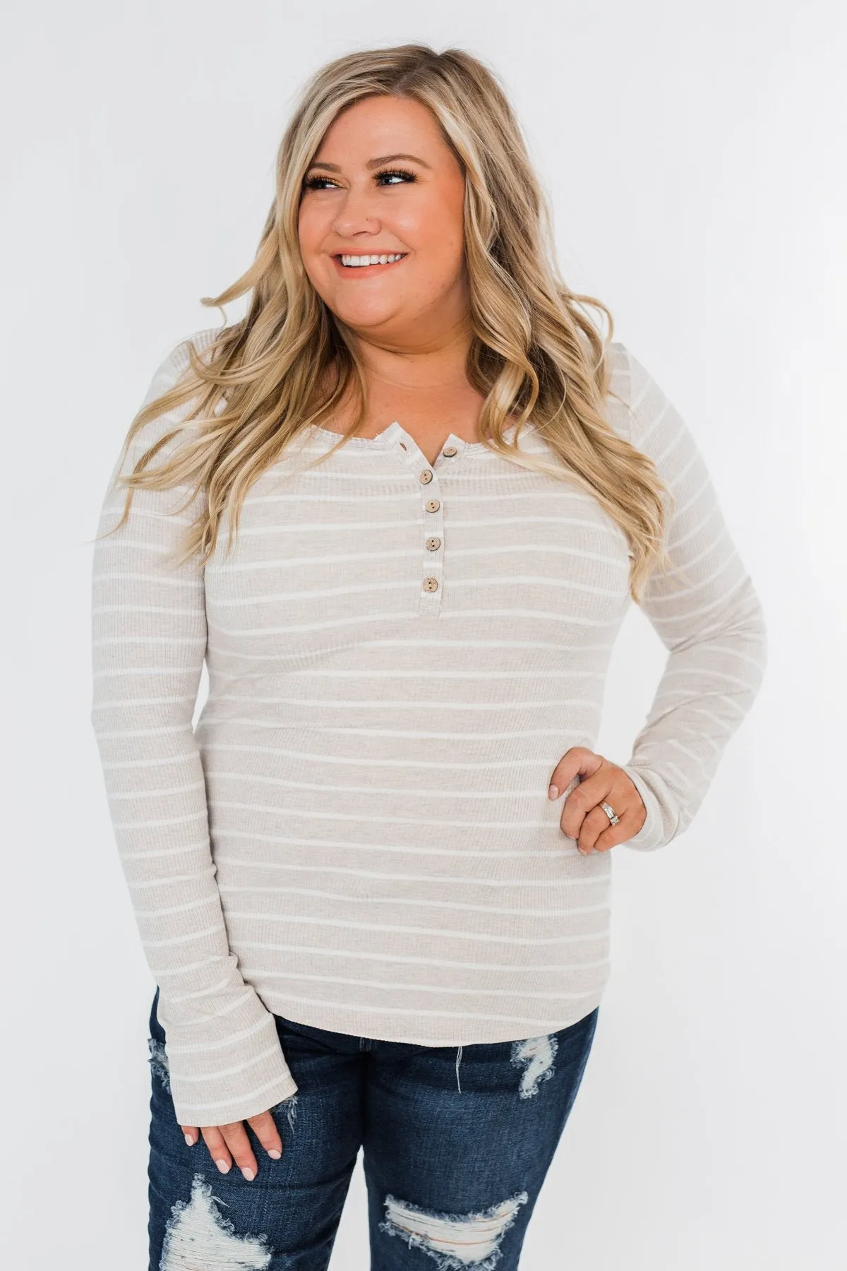 Essential 5-Button Henley Top- Heathered Oatmeal & Ivory