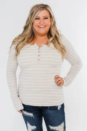 Essential 5-Button Henley Top- Heathered Oatmeal & Ivory