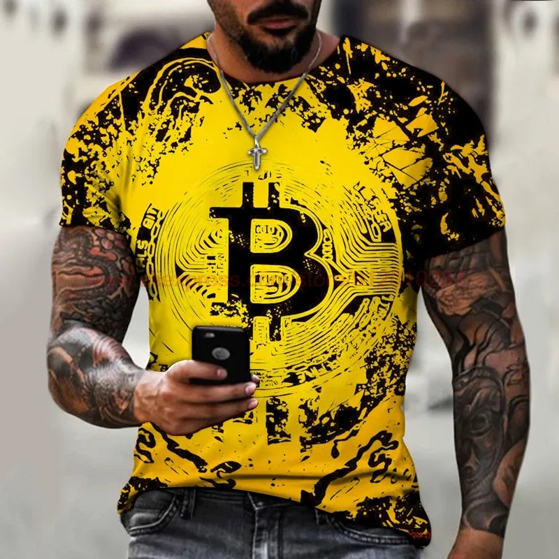 Fashion Round Neck Men&#39;s T-Shirt 2022 Summer Casual Short Sleeve 3D Bitcoin Logo Printing Sports Fitness Oversized Loose Top