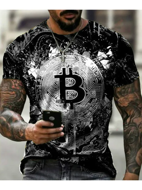 Fashion Round Neck Men&#39;s T-Shirt 2022 Summer Casual Short Sleeve 3D Bitcoin Logo Printing Sports Fitness Oversized Loose Top