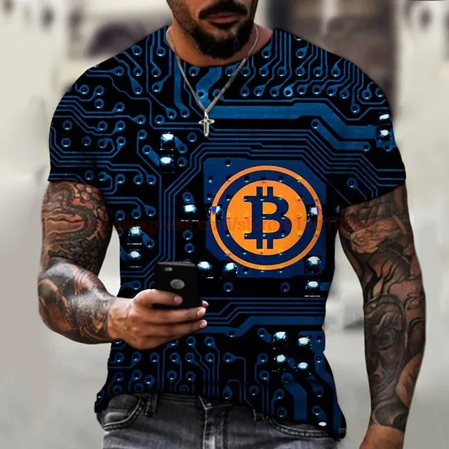 Fashion Round Neck Men&#39;s T-Shirt 2022 Summer Casual Short Sleeve 3D Bitcoin Logo Printing Sports Fitness Oversized Loose Top