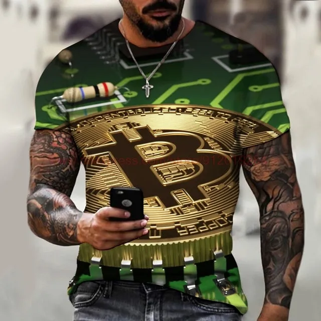 Fashion Round Neck Men&#39;s T-Shirt 2022 Summer Casual Short Sleeve 3D Bitcoin Logo Printing Sports Fitness Oversized Loose Top