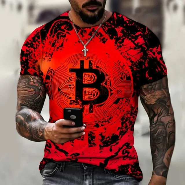 Fashion Round Neck Men&#39;s T-Shirt 2022 Summer Casual Short Sleeve 3D Bitcoin Logo Printing Sports Fitness Oversized Loose Top