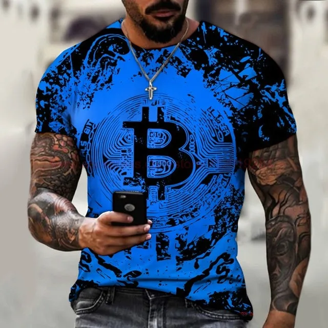 Fashion Round Neck Men&#39;s T-Shirt 2022 Summer Casual Short Sleeve 3D Bitcoin Logo Printing Sports Fitness Oversized Loose Top