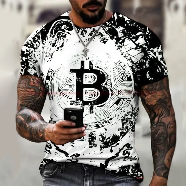 Fashion Round Neck Men&#39;s T-Shirt 2022 Summer Casual Short Sleeve 3D Bitcoin Logo Printing Sports Fitness Oversized Loose Top