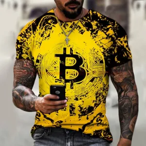Fashion Round Neck Men&#39;s T-Shirt 2022 Summer Casual Short Sleeve 3D Bitcoin Logo Printing Sports Fitness Oversized Loose Top