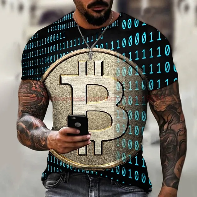 Fashion Round Neck Men&#39;s T-Shirt 2022 Summer Casual Short Sleeve 3D Bitcoin Logo Printing Sports Fitness Oversized Loose Top