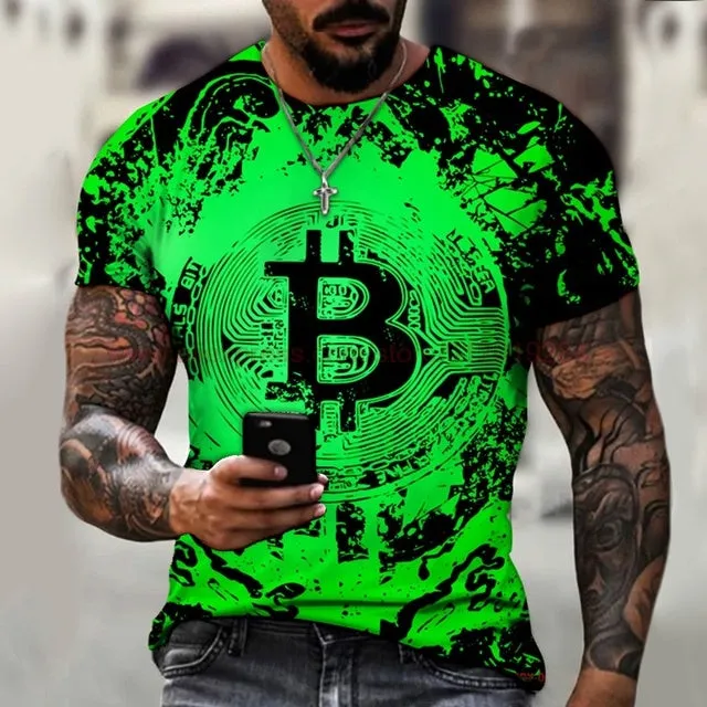 Fashion Round Neck Men&#39;s T-Shirt 2022 Summer Casual Short Sleeve 3D Bitcoin Logo Printing Sports Fitness Oversized Loose Top