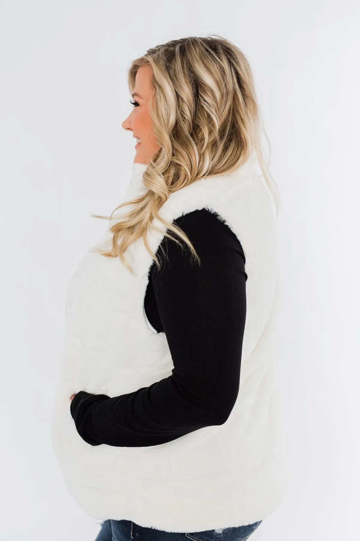 Faux Fur Zip Up Vest- Ivory