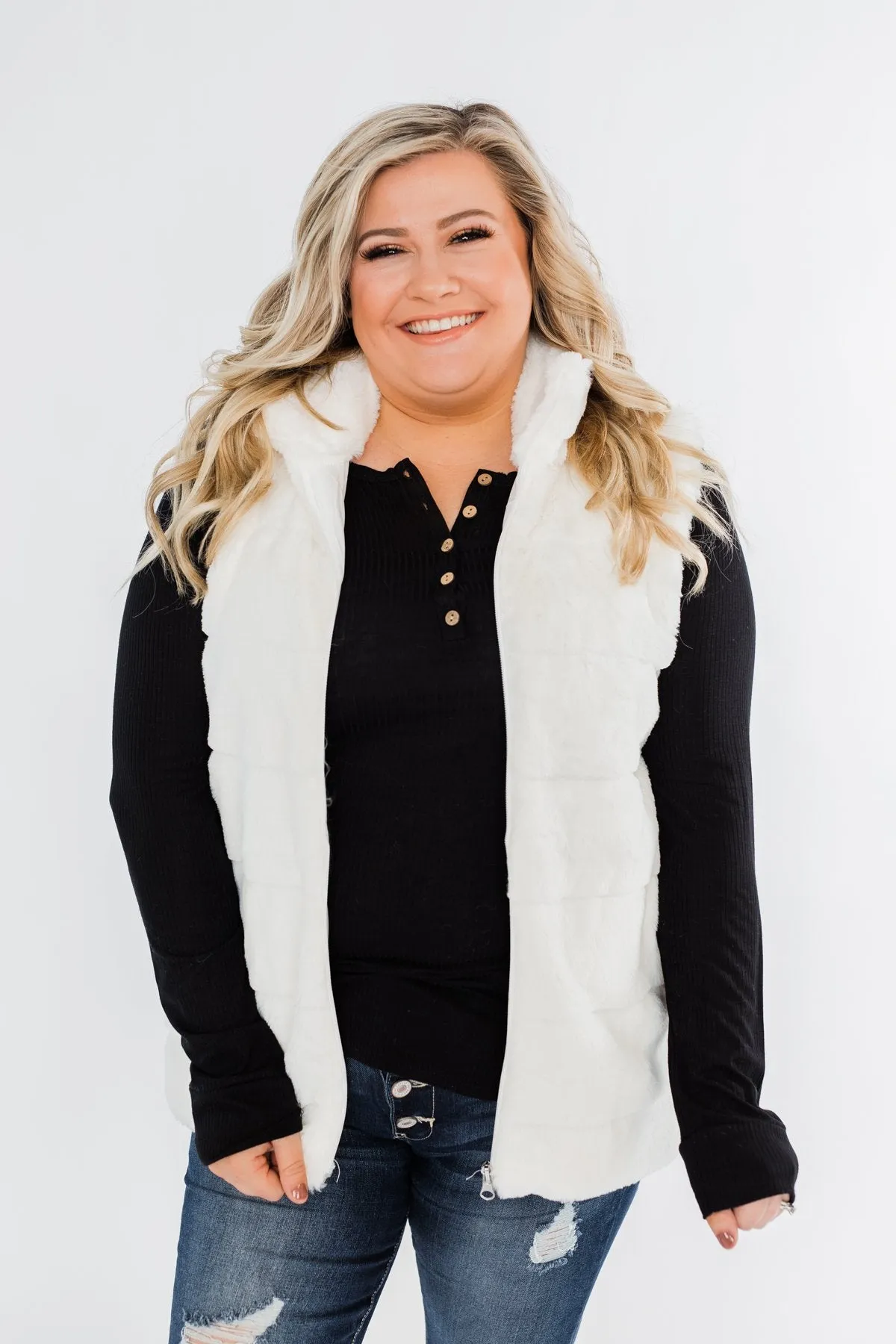 Faux Fur Zip Up Vest- Ivory