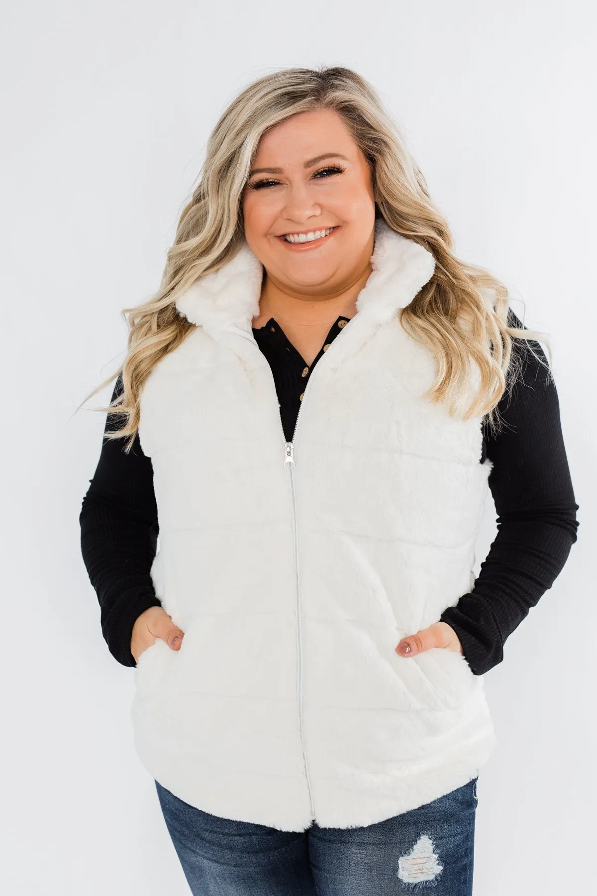 Faux Fur Zip Up Vest- Ivory