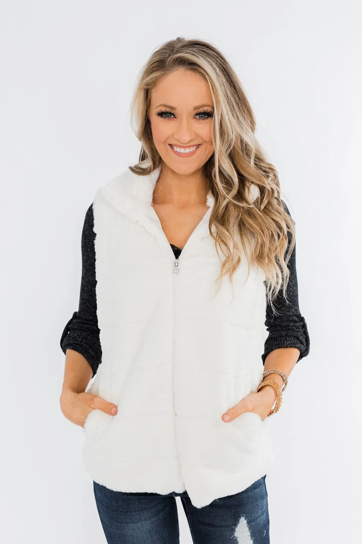 Faux Fur Zip Up Vest- Ivory