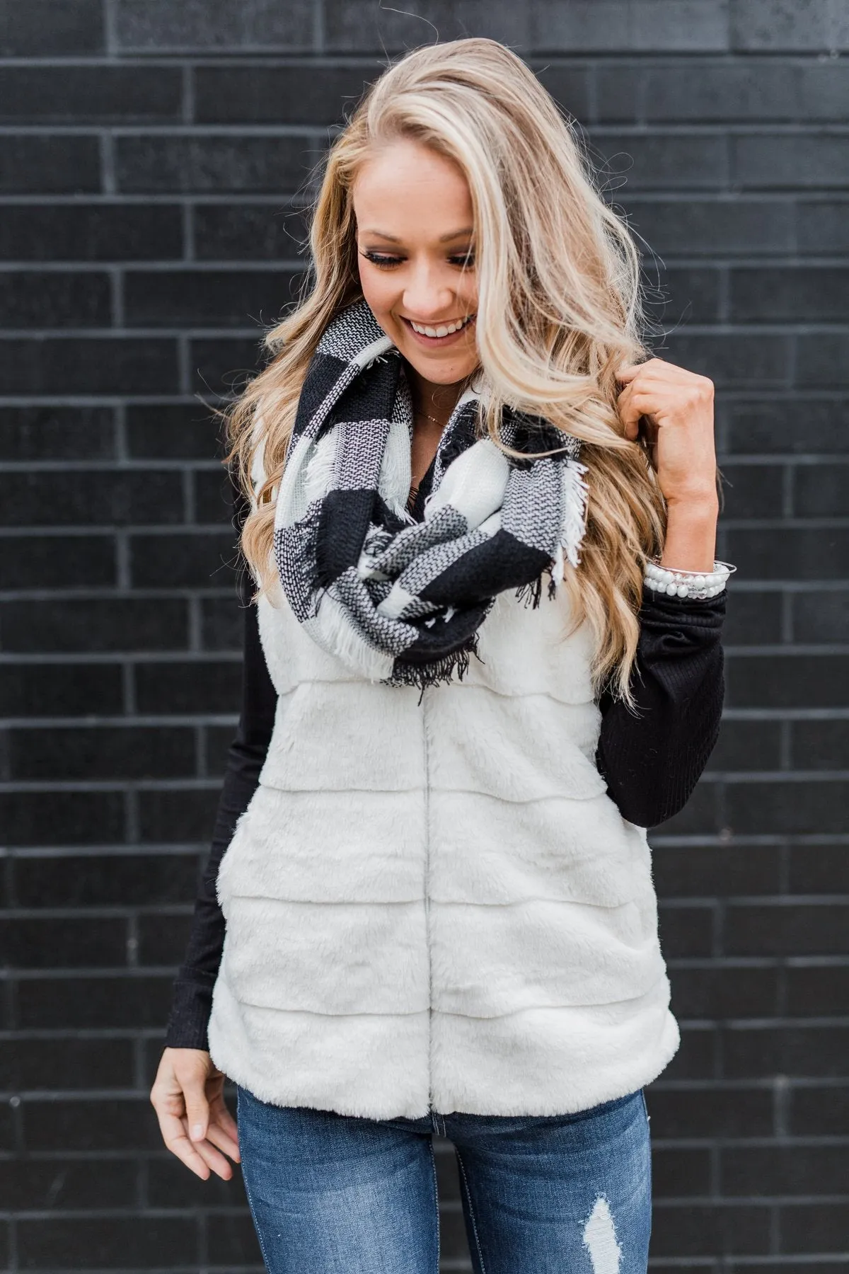 Faux Fur Zip Up Vest- Ivory