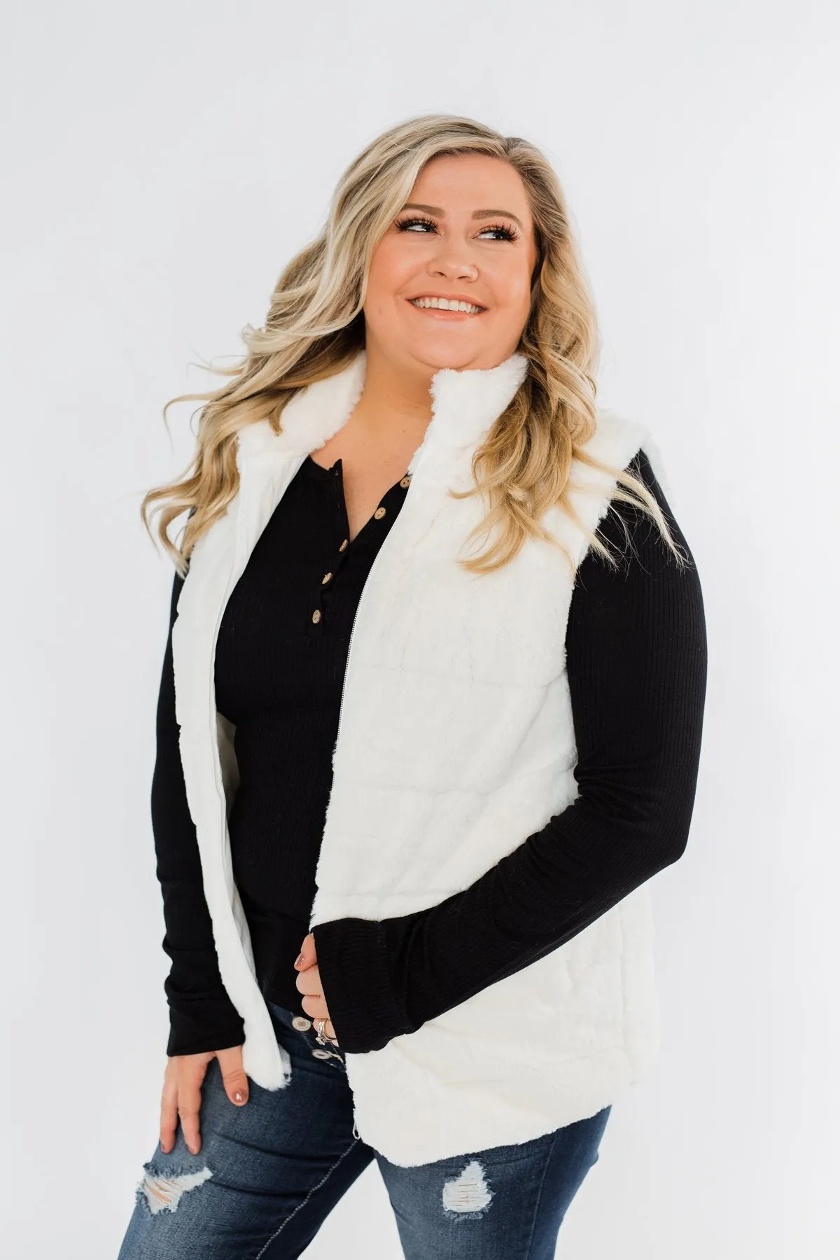 Faux Fur Zip Up Vest- Ivory