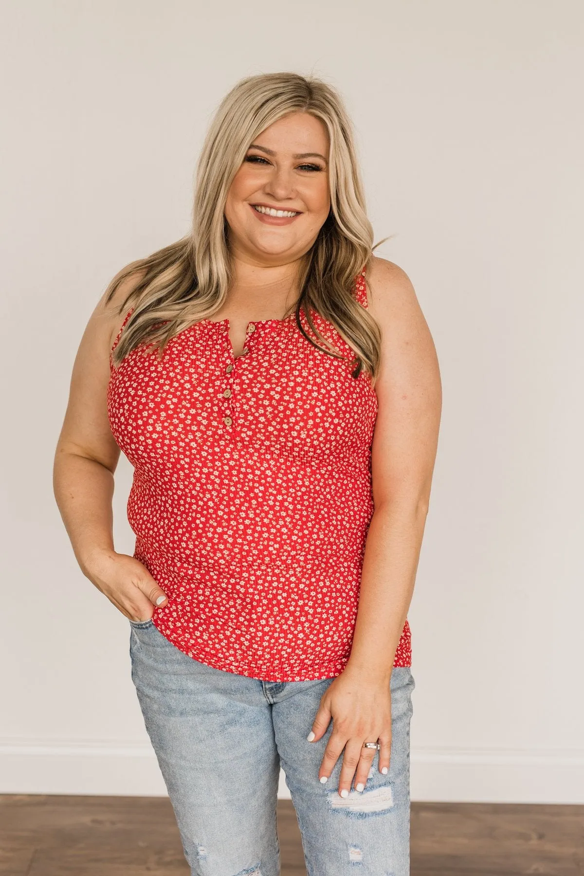 Feelin' Like A Firecracker Floral Henley Tank Top- Red