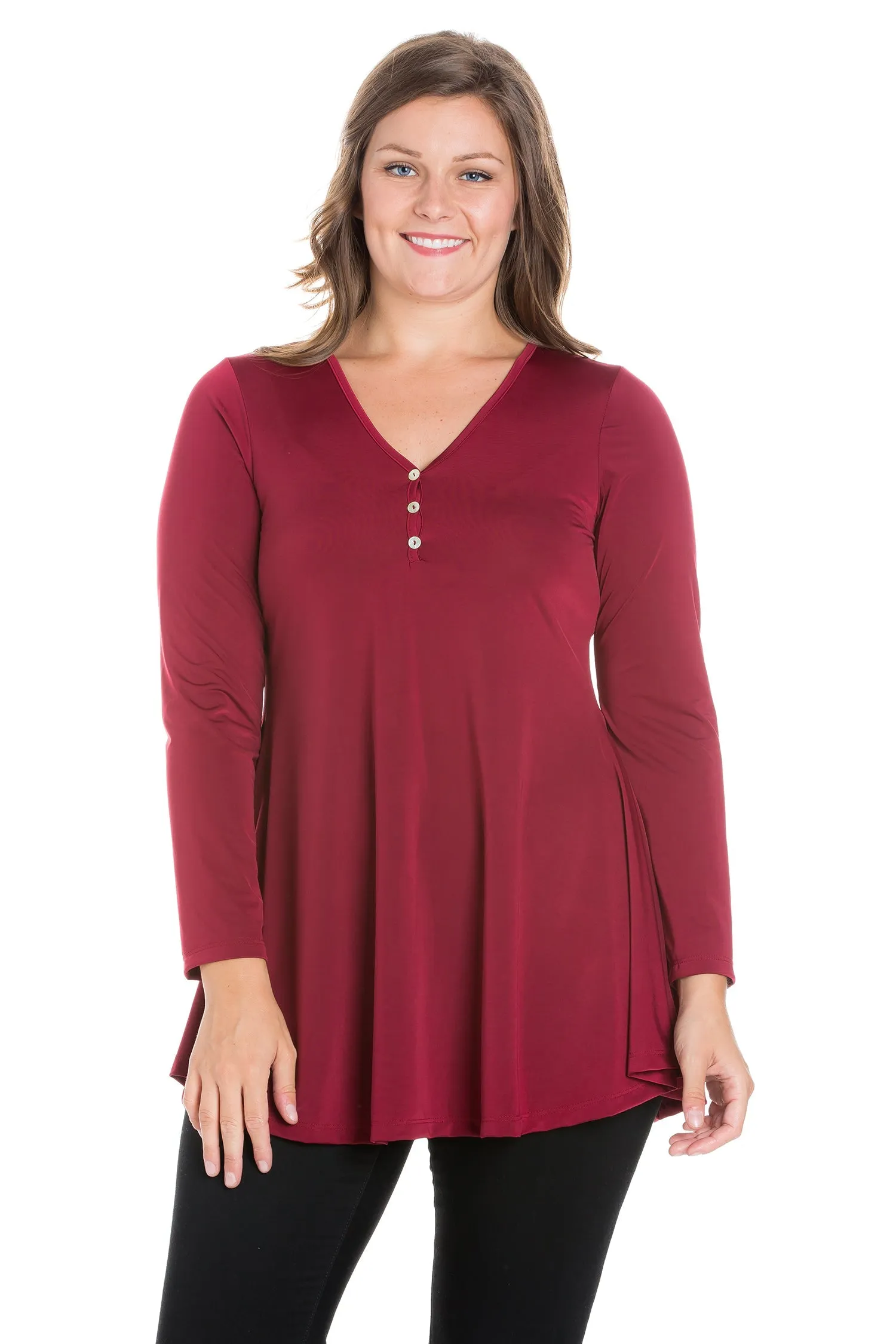 Flared Long Sleeve Plus Size Henley Tunic Top