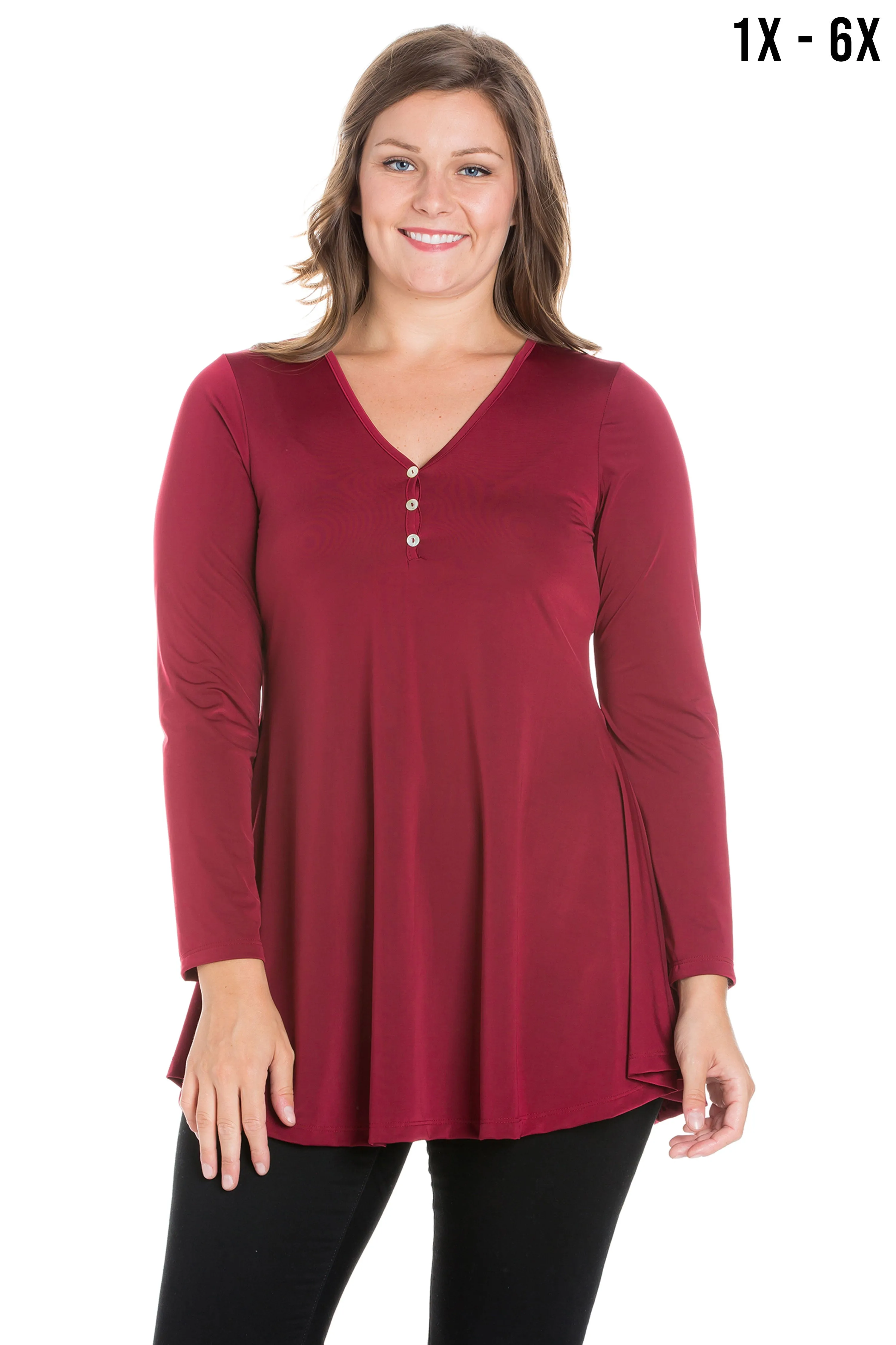 Flared Long Sleeve Plus Size Henley Tunic Top