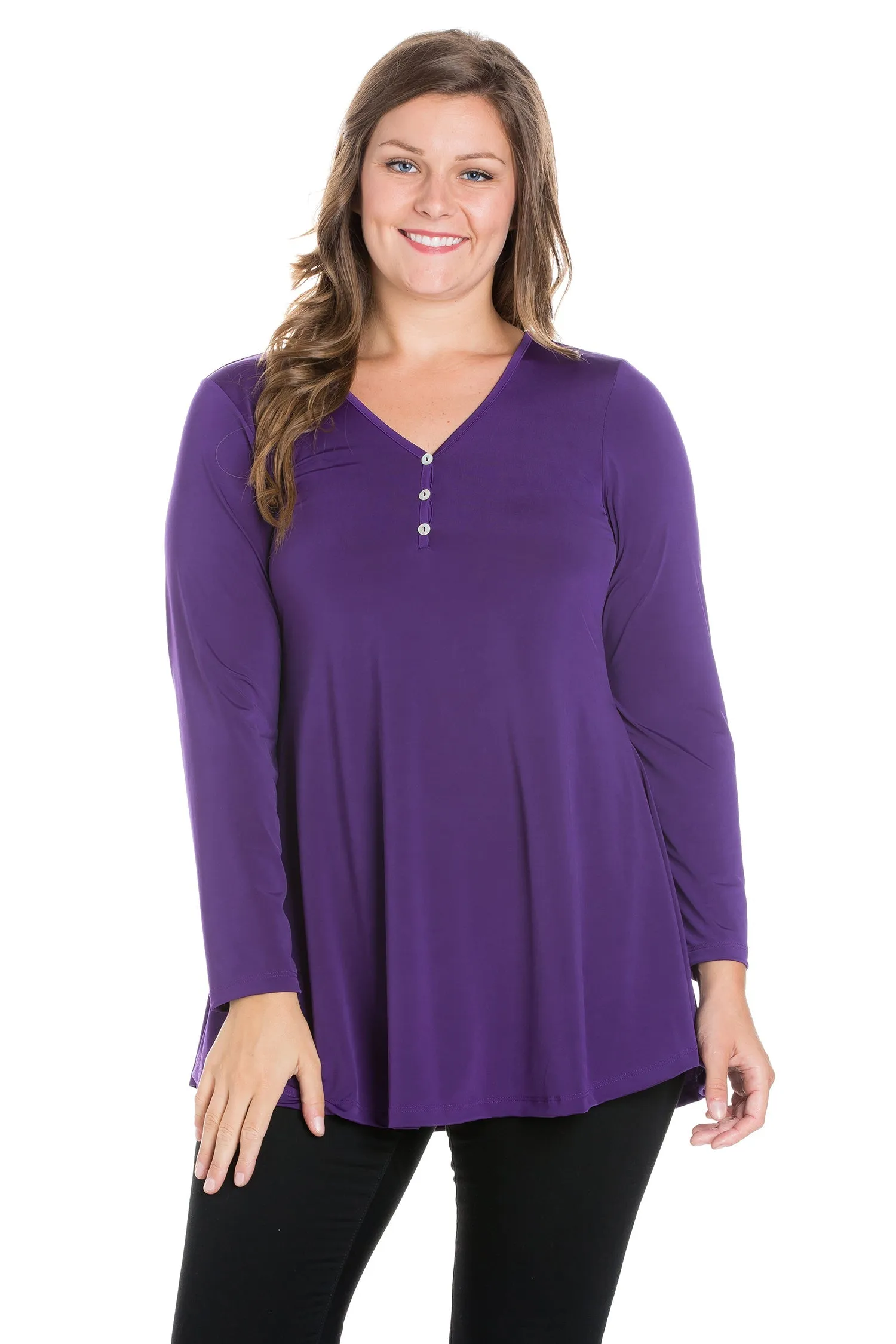 Flared Long Sleeve Plus Size Henley Tunic Top
