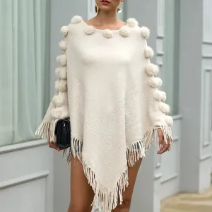 Floral Tassel Fringed Pullover Pompom Collar Sweater Cloak Shawl Cape