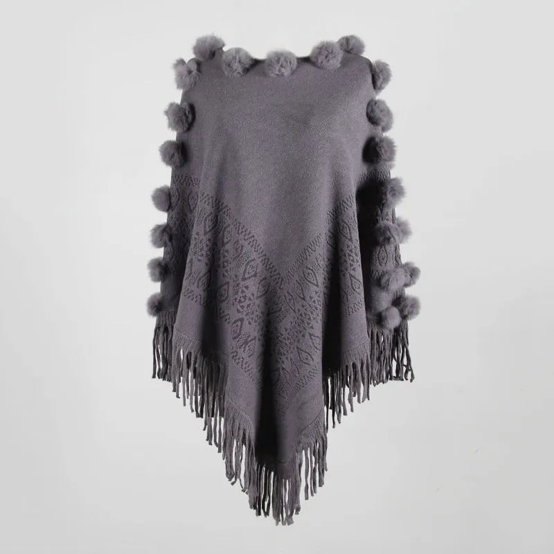 Floral Tassel Fringed Pullover Pompom Collar Sweater Cloak Shawl Cape