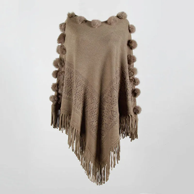 Floral Tassel Fringed Pullover Pompom Collar Sweater Cloak Shawl Cape