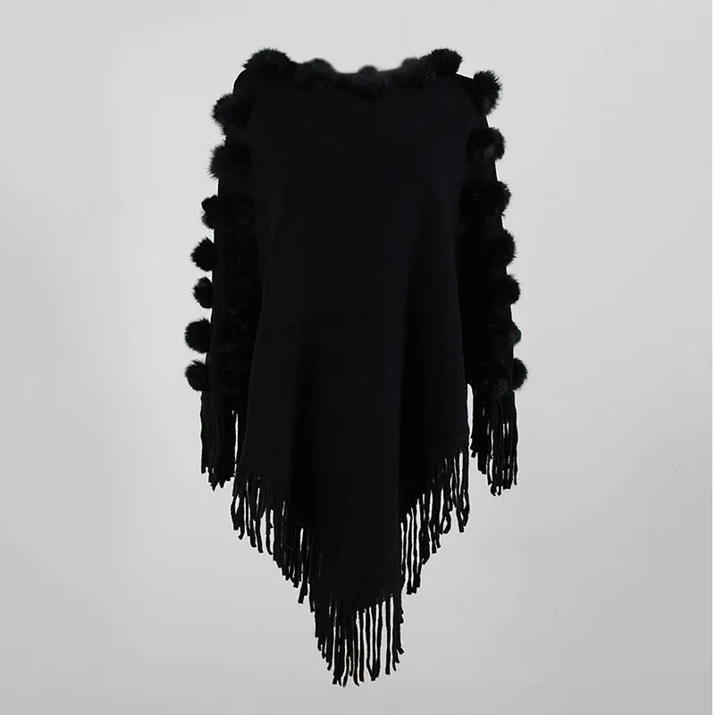 Floral Tassel Fringed Pullover Pompom Collar Sweater Cloak Shawl Cape