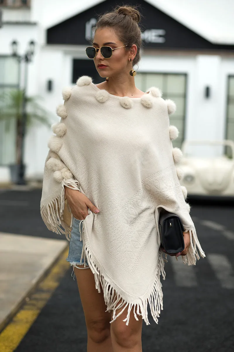 Floral Tassel Fringed Pullover Pompom Collar Sweater Cloak Shawl Cape