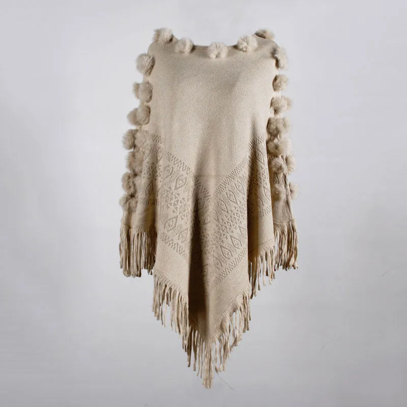 Floral Tassel Fringed Pullover Pompom Collar Sweater Cloak Shawl Cape