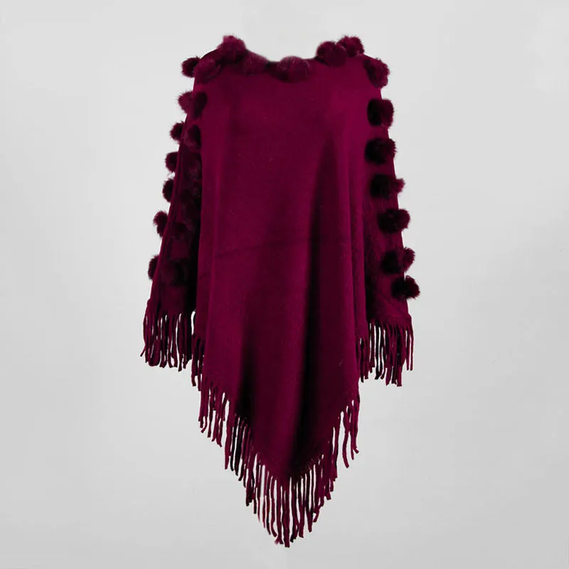 Floral Tassel Fringed Pullover Pompom Collar Sweater Cloak Shawl Cape