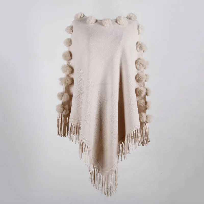 Floral Tassel Fringed Pullover Pompom Collar Sweater Cloak Shawl Cape