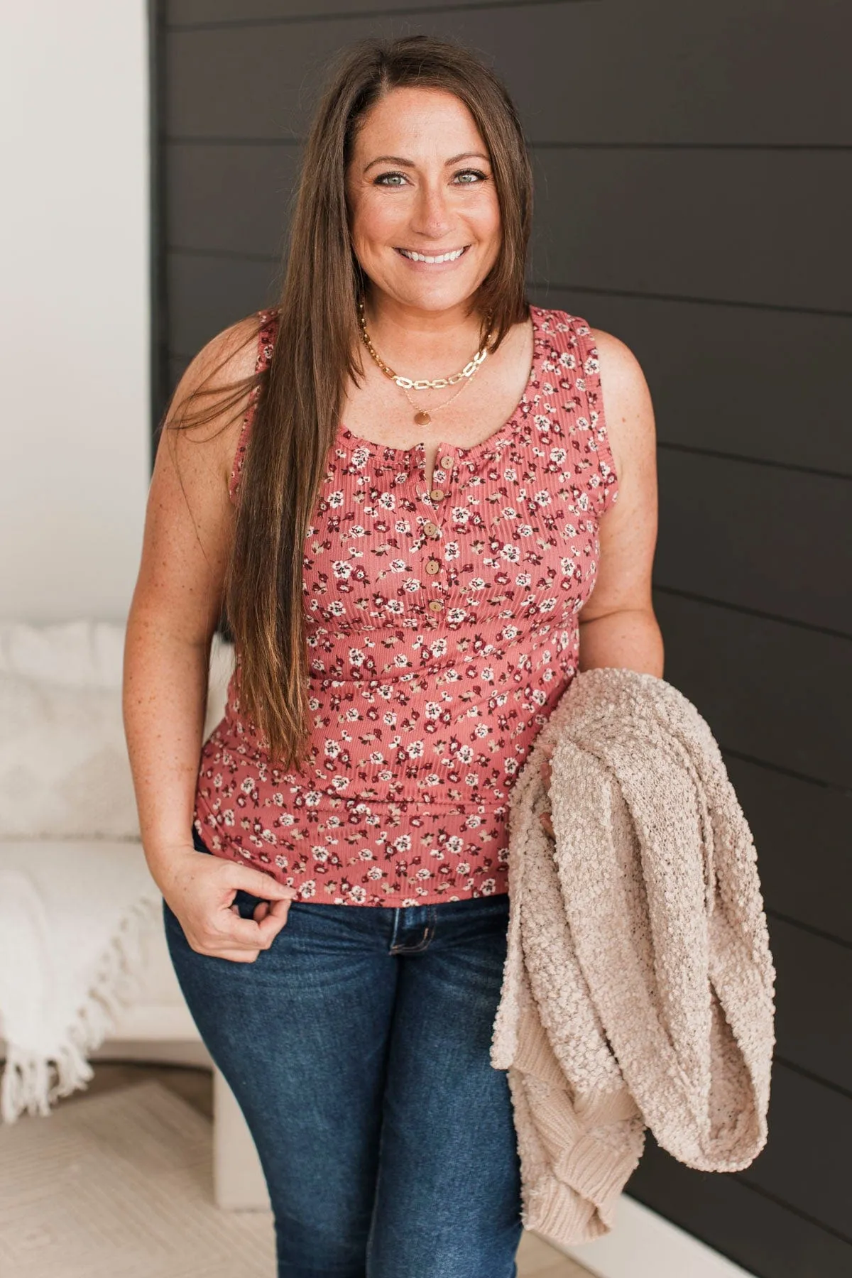 Fresh Blooms Floral Henley Tank Top- Rose
