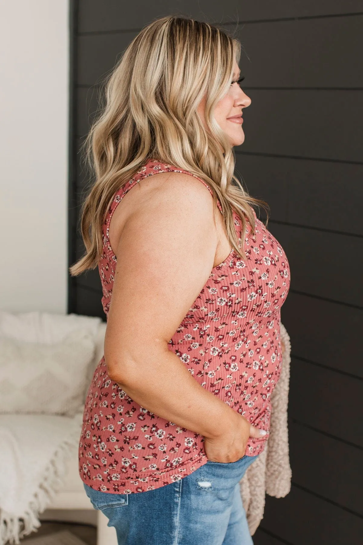Fresh Blooms Floral Henley Tank Top- Rose
