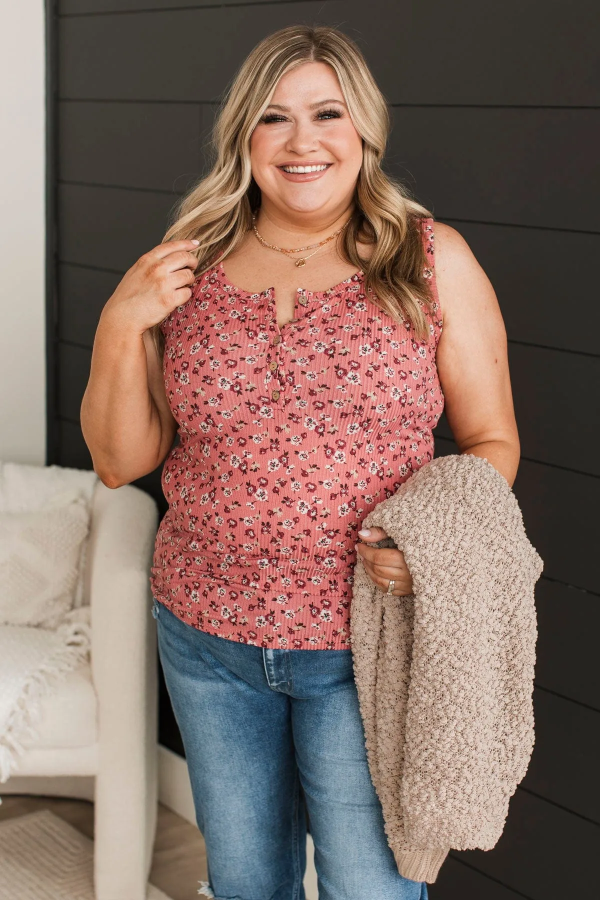 Fresh Blooms Floral Henley Tank Top- Rose