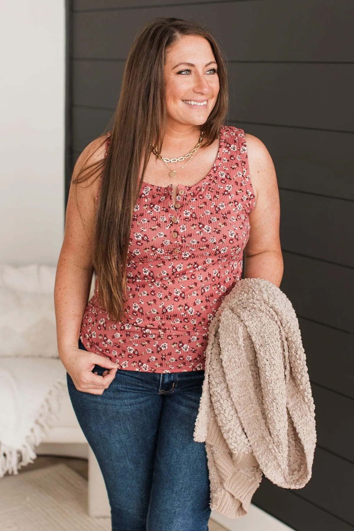 Fresh Blooms Floral Henley Tank Top- Rose
