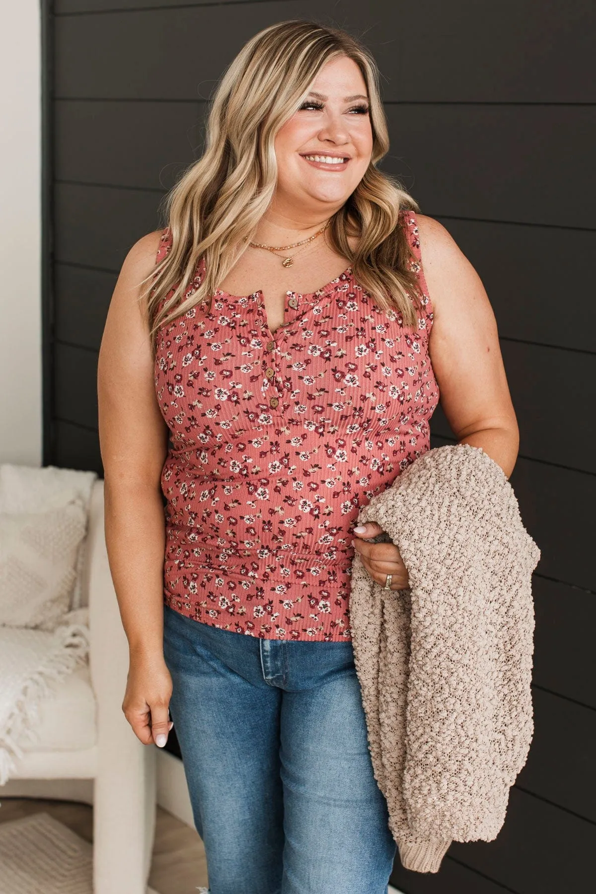 Fresh Blooms Floral Henley Tank Top- Rose