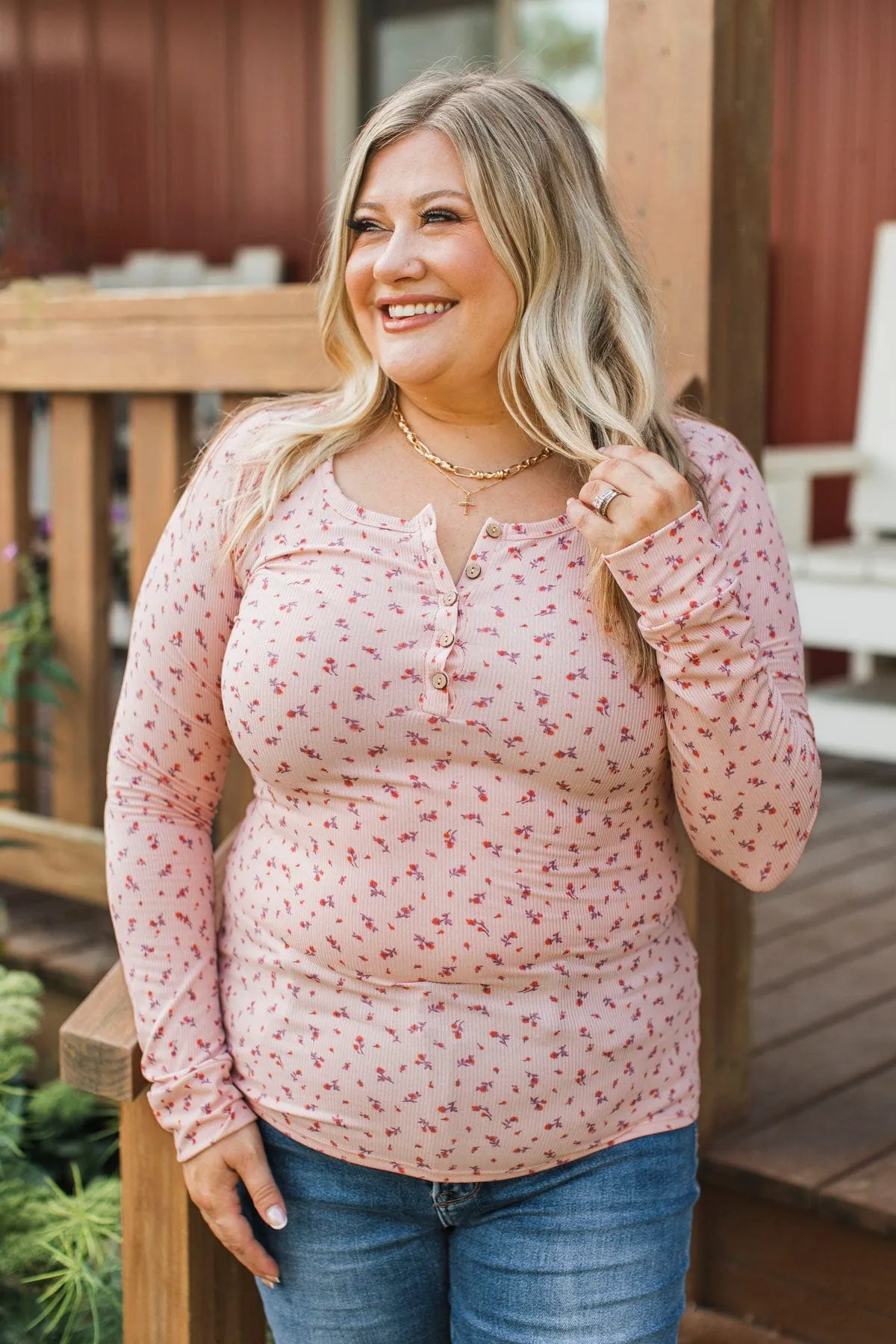 Fresh Fashion Floral Henley Top- Blush