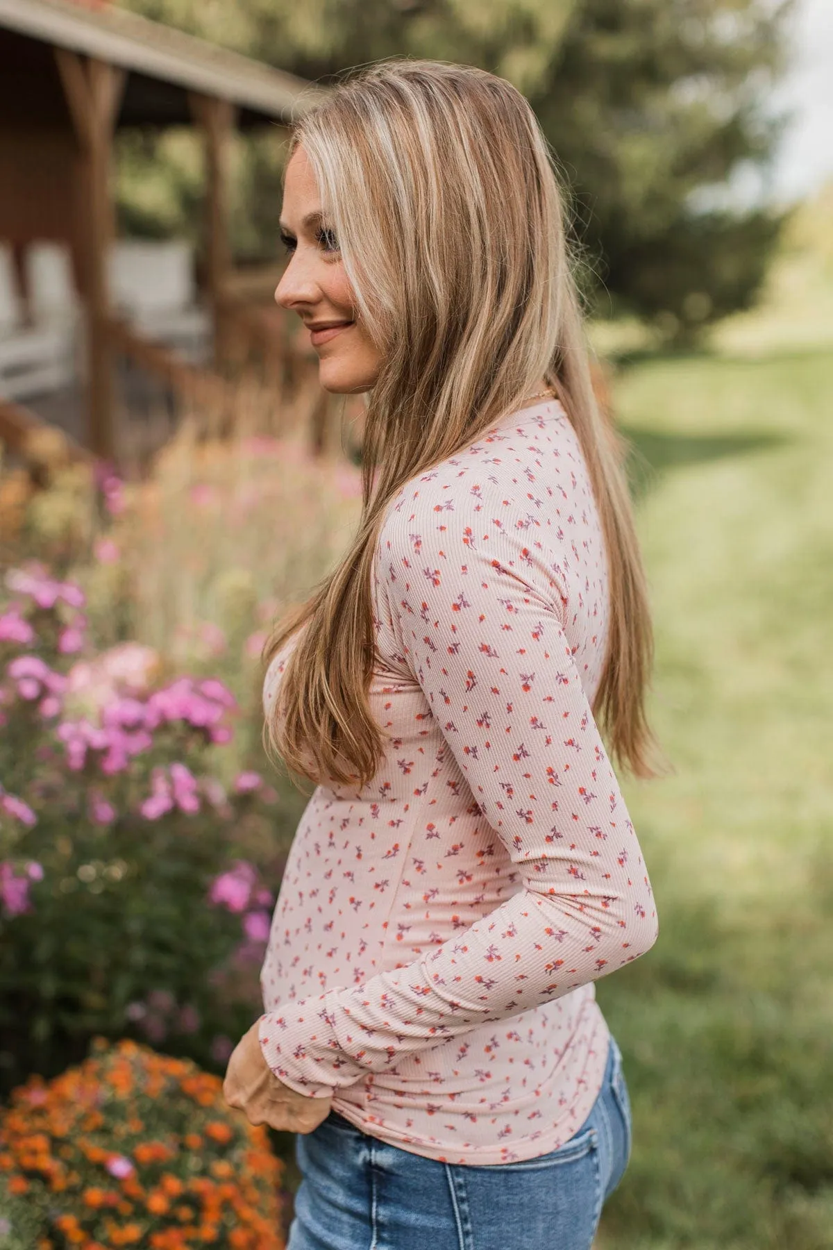 Fresh Fashion Floral Henley Top- Blush
