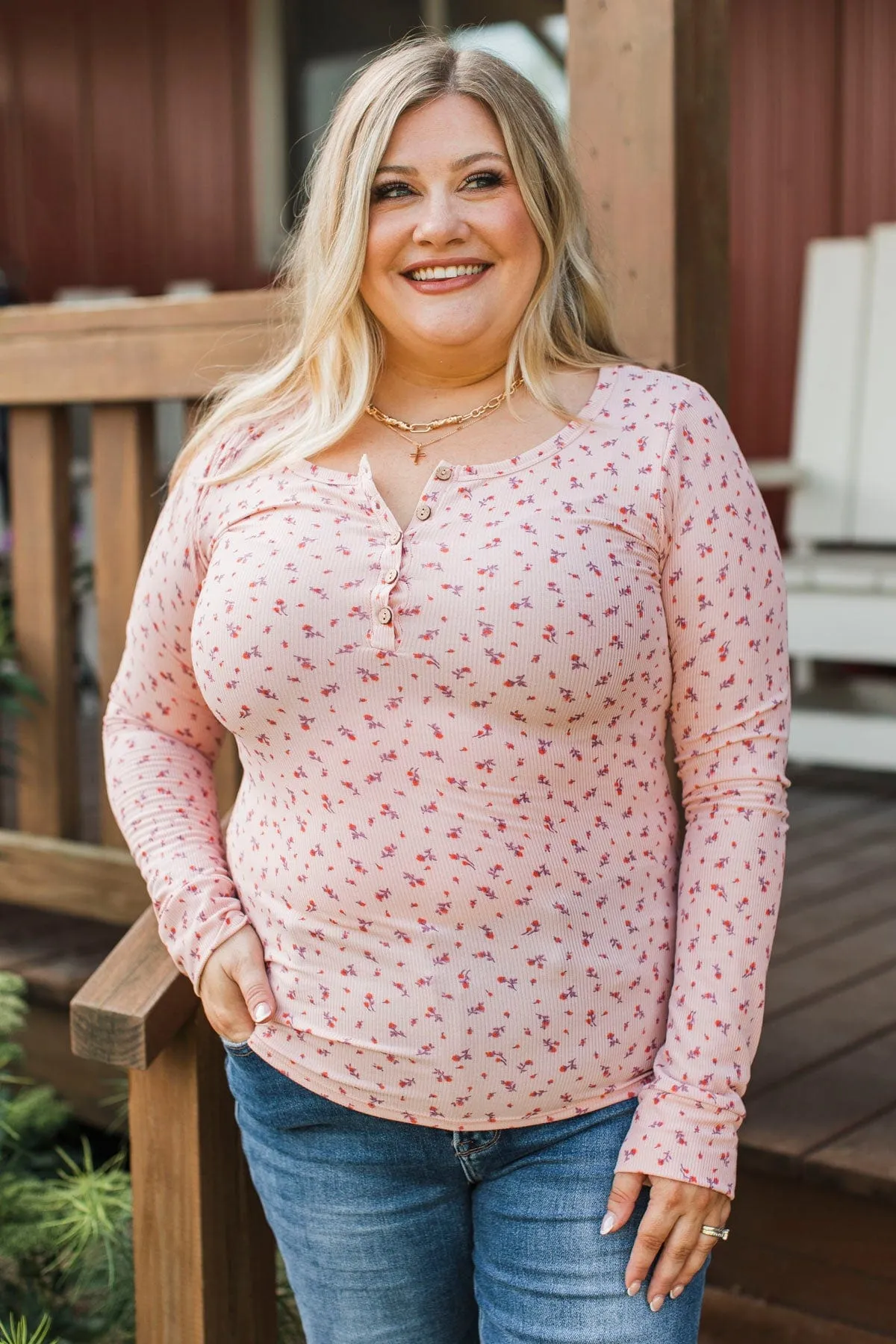 Fresh Fashion Floral Henley Top- Blush