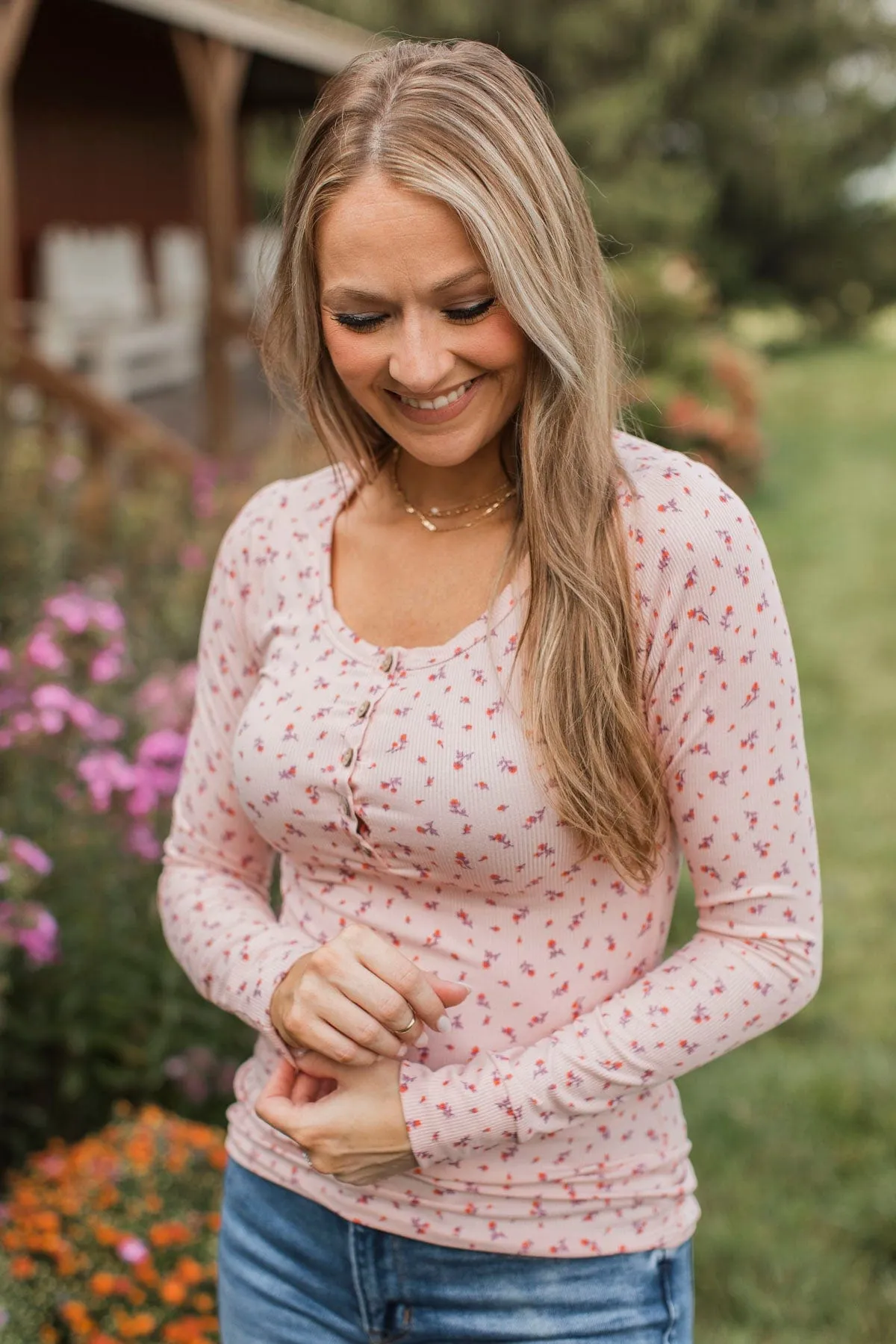 Fresh Fashion Floral Henley Top- Blush