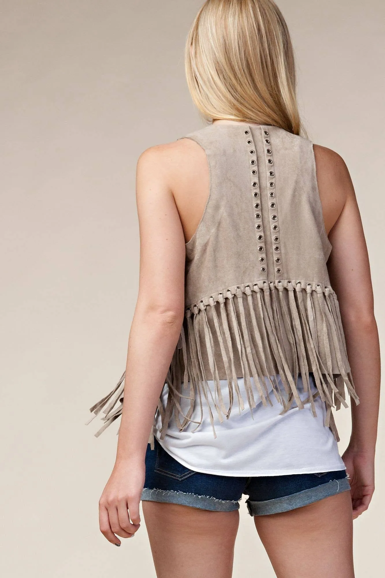 Fringe Vest with Eyelets: Camel / S