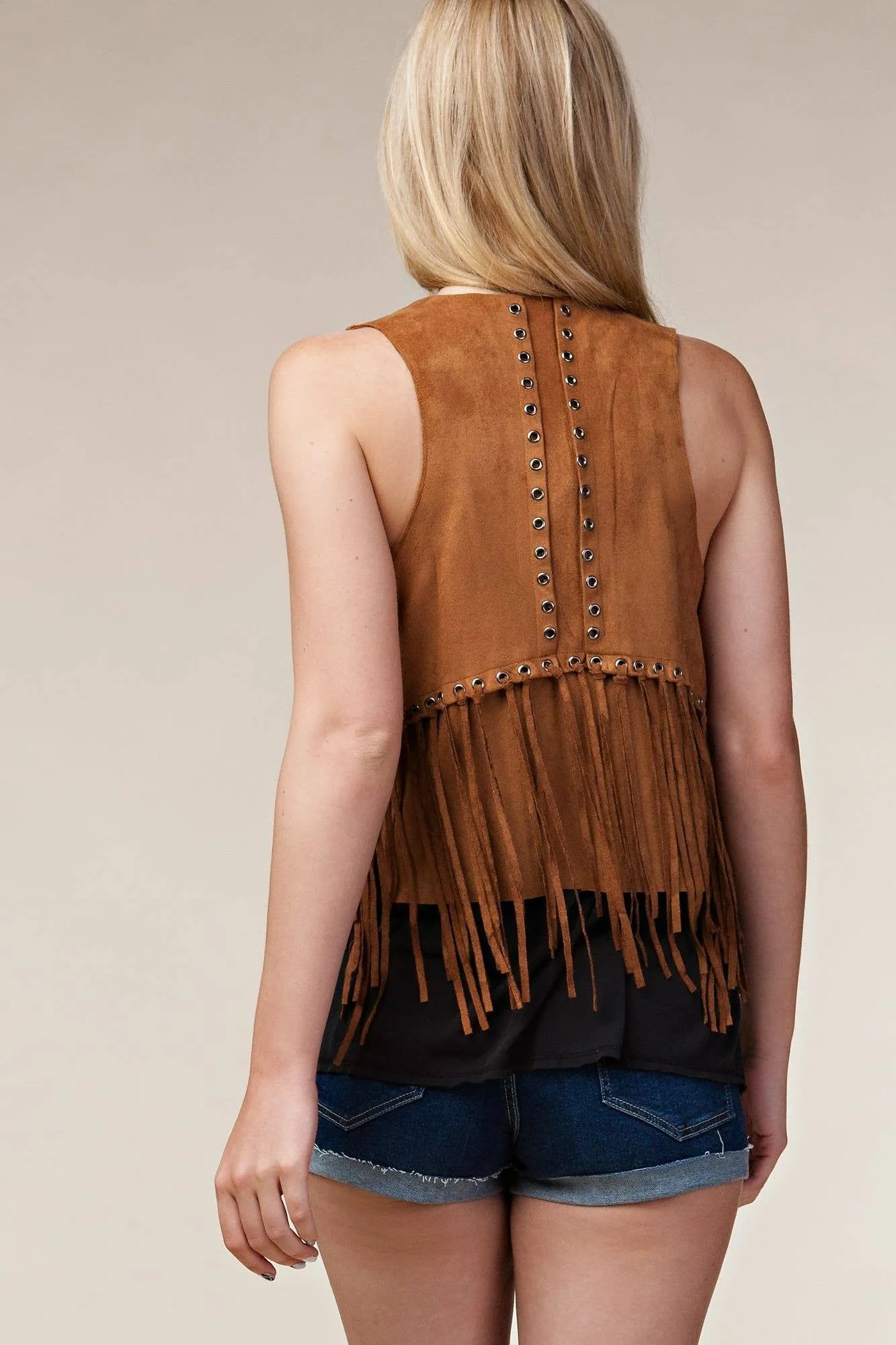 Fringe Vest with Eyelets: Camel / S