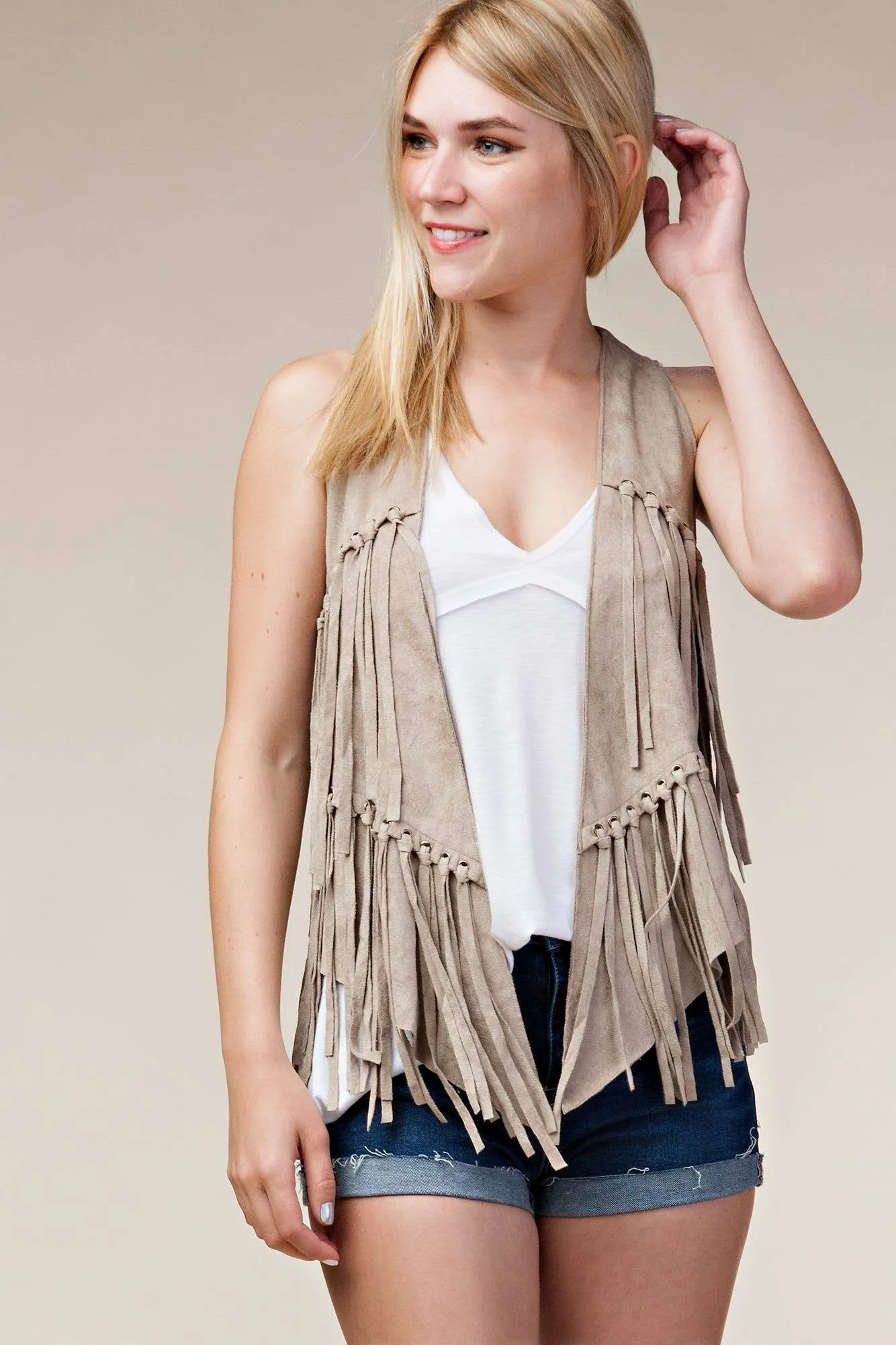Fringe Vest with Eyelets: Camel / S