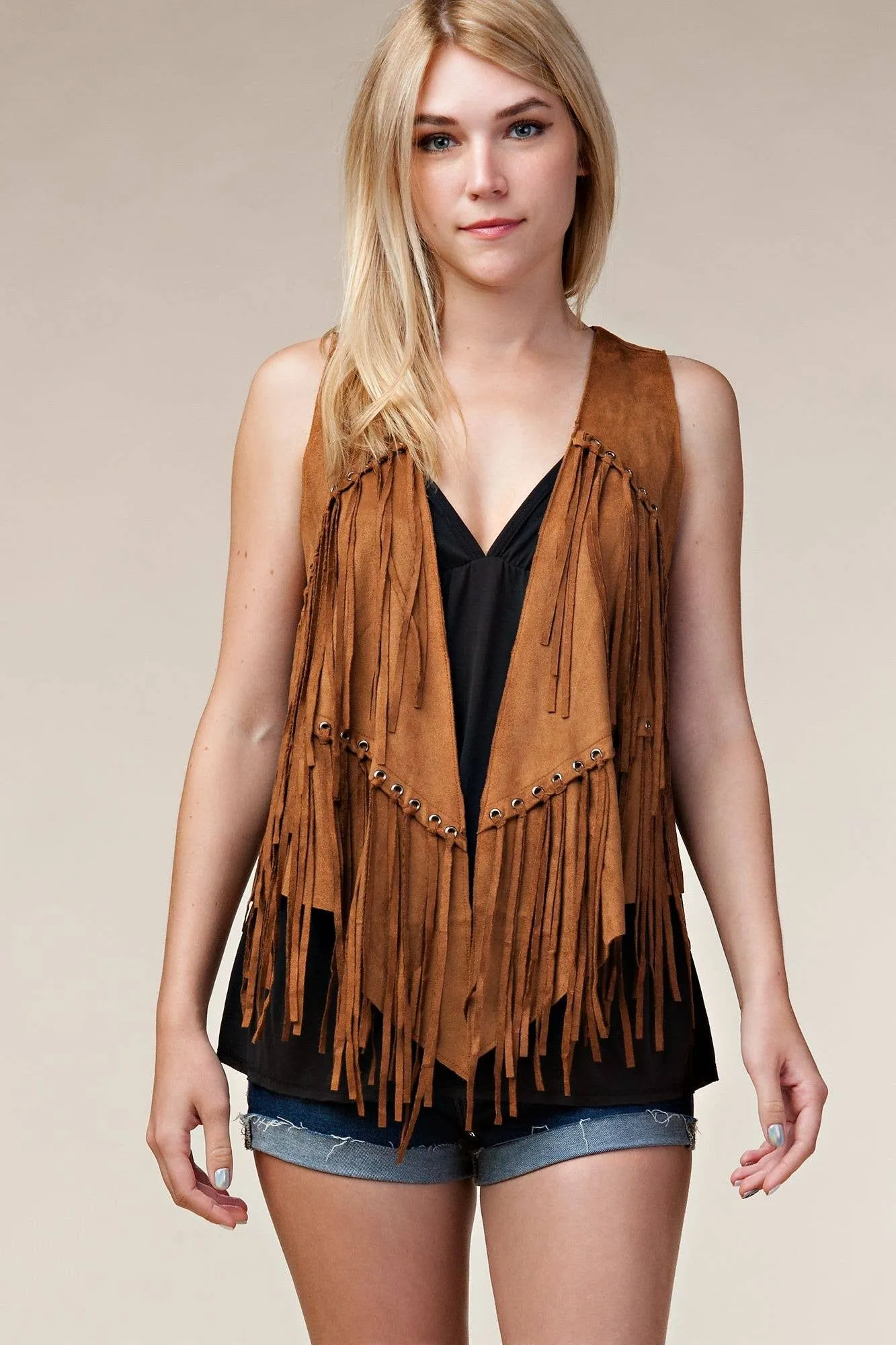 Fringe Vest with Eyelets: Camel / S