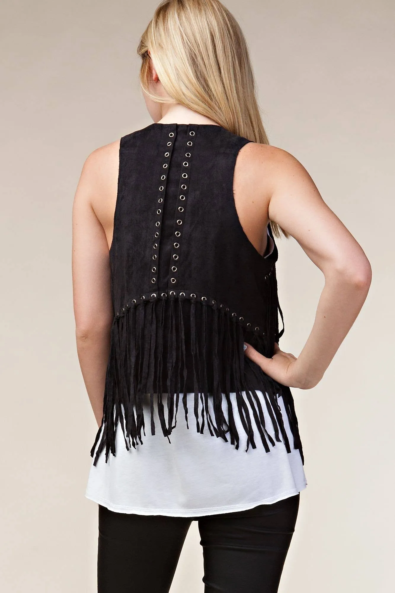 Fringe Vest with Eyelets: Camel / S