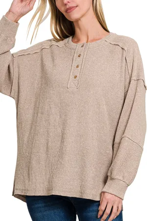 Frosty Feels Ash Mocha Brushed Hacci Henley Sweater