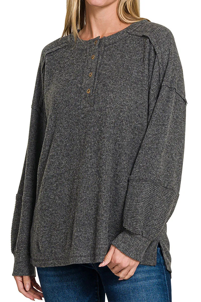 Frosty Feels Black Brushed Hacci Henley Sweater