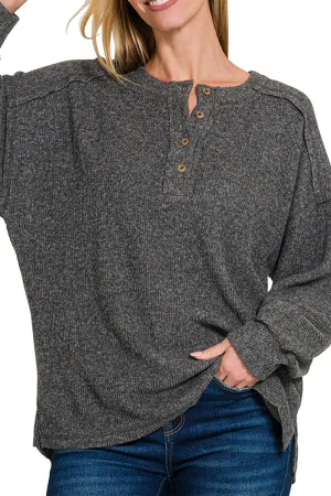 Frosty Feels Black Brushed Hacci Henley Sweater