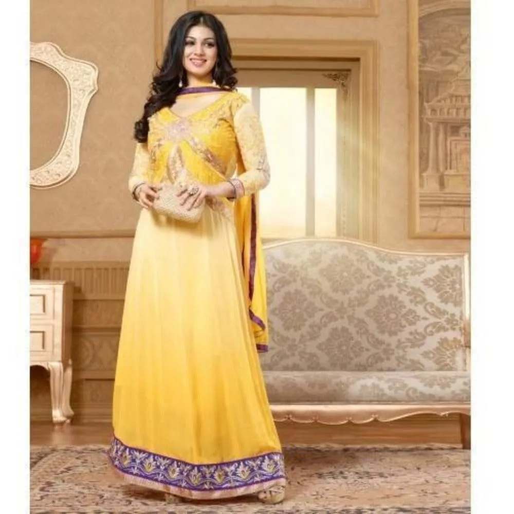 Georgette Embroidered Shaded Yellow Long Anarkali Suit - 15008